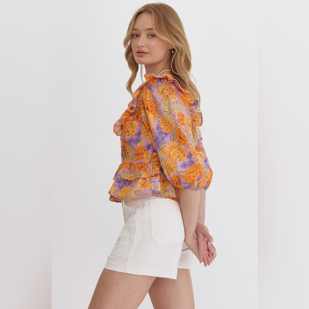 Entro Clementine Ruffled Peplum Blouse Maximalist Purple Orange Floral New Small - Picture 7 of 12